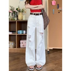 COSYEVNO 여성 와이드 데님 팬츠 가을 패션 하이웨스트 디스트로이드 통바지 lyjnzk08