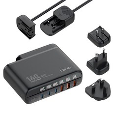 PYHO GaN PPS 140W 초고속 여행용 멀티 충전기 6포트 3C3A PD3.0 고속충전 디지털 디스플레이 교체형 플러그 충전스테이션, 1개, 블랙