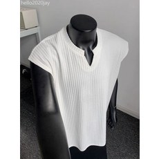 白色條紋坎肩背心男款夏季美式無袖v領t卹肌理感健身運動針織汗衫