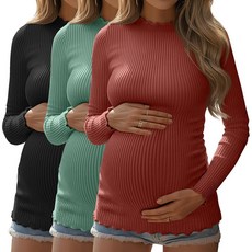 Huukeay 여성용 임산부 셔츠 골지 니트 면 임산부 상의 긴소매 모크넥 기본 튜닉 가을 의류 3팩 브릭 레드 사파이어 그린 블랙 XL