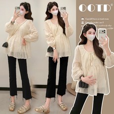 OOTD 孕婦長袖上衣 設計感繡花娃娃衫