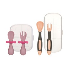 맘스트리 실리콘 스푼포크 세트, 퍼플+핑크, 1개