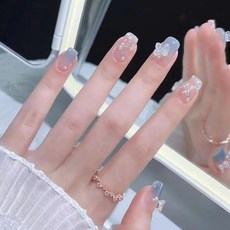 유니스뮬라 붙이는 셀프 네일팁 투명 블루 젤네일 진주나비 숏팁 숏네일 U8, 1개