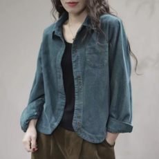 오스틱니 NEW 간절기 여성 코듀로이 카라 긴팔 셔츠 가을 베이직 포켓 오버핏 하프기장 단색 남방 폴로 셔츠 코듀로이자켓