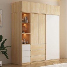 實木衣櫃傢用臥室推拉門移門小戶型儲物櫃出租房用簡易組裝衣櫥, 原木1.6米移門全套衣櫃