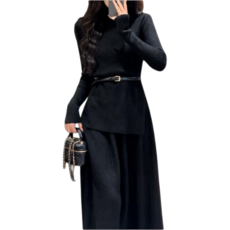 Makone 여성 가을 겨울 폴라 솔리드 데이트 패션 니트 롱 스커트 투피스