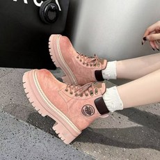 해피유통 여성용 두꺼운 밑창 방수 스웨이드 앵클 부츠 가을 겨울 캐주얼 복고풍 스타일 레이스업 부츠