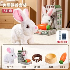 小兔子毛絨玩具 電動小白兔 走路會叫寵物玩偶, 1個, 小兔子-5件套【帶房子】