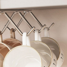 주방 컵걸이 스테인리스 무타공 머그컵 스텐 컵걸이 씽크대 문걸이 걸이식 건조대 다용도 고리 후크 선반, 4구