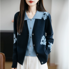 레이어드 배색 가디건 투톤 카라 플라워 가디건