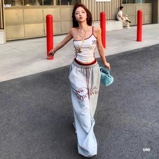 【Uni】2025超火辣妹風休閒運動套裝女夏季美式時尚修身 上衣 闊腿褲兩件套