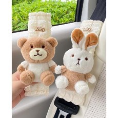 汽車安全帶護肩套 可愛卡通小熊兔子 冰絲夏天 四季通用 兒童防勒脖 汽車裝飾, 2.熊+兔泡芙護肩套1對, 1個