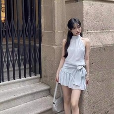 Yellwel 여성 여름용 반팔 스트랩 미니 원피스 허리 조절 가능 휴양지룩 DJP