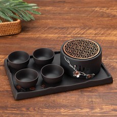 세트 홈카페 티 워머 도자기 찻주전자 보온 내열 찻잔, 1개, 1L, 3단 세로형 스토브 찻잔 4개