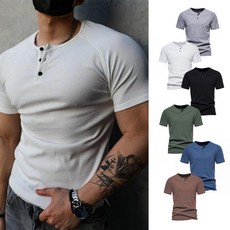 MDIVGYM 남성 헨리넥 머슬핏 골지 반팔 코튼 티셔츠