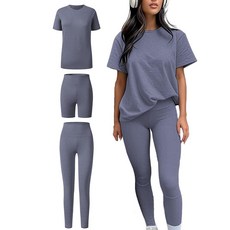 ZFLM 캐주얼 스포츠웨어 3피스 세트 하이 웨이스트 타이트 팬츠 요가 팬츠 반소매 라운드넥 요가 세트 차콜 그레이. S