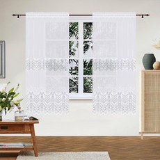 FHflyinghome 레이스 커튼 160cm63인치 길이 2패널 시어 꽃무늬 자수 창문 드레이프 장식용 부채꼴 가장자리 장식 거실 농가 침실 아기방 132.1 x 16