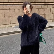 투니스 여성 캐주얼 루즈핏 단색 브이넥 니트 스웨터