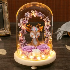 永生花玻璃罩 創意公仔擺件, 一鹿相伴【紫色】, 紫色