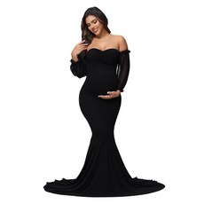 JustVH 임산부 메시 퍼프 슬리브 오프 숄더 맥시 사진 촬영 드레스 베이비 샤워 인어 밑단 파티 가운 사진용 블랙. S