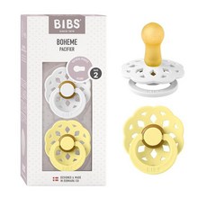 BIBS 젖꼭지 - Boheme 컬렉션 | BPA 프리 원형 젖꼭지 | 천연 고무 라텍스 | 덴마크산 | 아이보리/세이지 컬러 프리미엄 수더 2개 세트 | 사이즈 0-6개월, Size 2 | 6+ Month, 화이트 / 선샤인