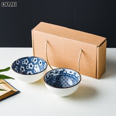 DFMEI 日式禮品瓷青花瓷碗筷套裝筷子禮盒裝陶瓷餐具碗手繪, 1個, 翻蓋印彩青花兩碗(無彩條)50套/箱, 參考詳情