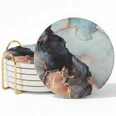 세라믹 흡수성 컵받침 6개 세트 홀더 포함 커피 테이블용 대리석 음료 컵받침 수분 흡수 스톤 컵받침 (임프레션), Twinkle Gold Holder