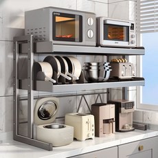 新加固微波爐置物架 檯面廚房多功能電飯煲支架 電器烤箱家用收納架 层架 储物架, 灰色-雙層外長55cm【帶刀筷架-掛鉤】, 2層