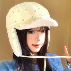星星加絨雷鋒帽女 甜美顯臉小保暖護耳帽 戶外騎車防寒飛行帽子, 米色星星,均碼