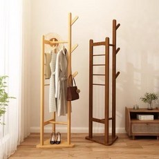대나무 원목 옷걸이 행거 다기능 이동식 코너형 스탠드 옷걸이 수납 선반, 목색