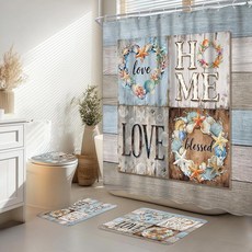 Ufeela 4피스 소박한 꽃 욕실 세트 샤워 커튼 및 러그 포함 너비 182.9cm x 높이 182.9cm(72 x 72인치) 농가 나무 판자 컨트리 미끄럼 방지 욕실 러, B-블루 우드