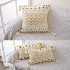 編織波西米亞流蘇抱枕 客廳腰枕 床頭靠枕 沙發靠墊, 菱形編織流蘇黃色---超值優惠,45*45cm（枕頭套）