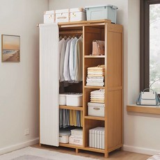 우드 간이옷장 튼튼한 조립식옷장 행거 옷장 수납장, 목색