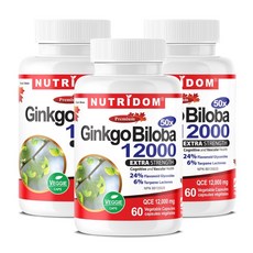 뉴트리돔 징코 빌로바 12000 50배고농축 은행잎추출물 은행잎진액 은행잎액기스 Ginkgo Biloba 베지캡슐 캐나다 직구, 3개, 60정