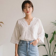 B179-3 리브논 빅사이즈 여성 펀칭 자수 브이넥 반팔 블라우스