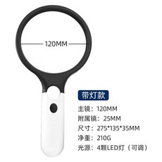優視德 臺灣製造 20倍非球面手持放大鏡 LED燈 高清高倍 老人看書 學生兒童適用, 120mm鏡面-帶燈款【超大視野】, 1個