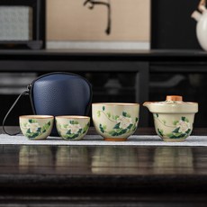 黃汝汝窯一壺三杯手抓茶壺快客杯戶外便攜高檔滿彩開片可養伴手禮, 1個, 山茶花/岑白黃汝滿彩-一壺三杯:1