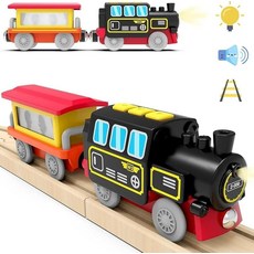 TOPLIVING 나무 트랙용 동력 자석 연결이 있는 원격 제어 기차 유아용 배터리 작동 기관차 열차 Thomas Brio Chuggington(전동 기차)과 호환, Black & Red