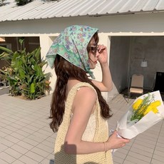 반다나 헤드스카프 헤어스카프 핑크 플라워 1. 1호, V. 22번 한국 녹색 작은 꽃