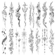 Kifmurase 여성용 용 임시 타투 - 16장 라인 꽃 잎 야생 식물 단어 스케치 현실적인 긴 마지막 가짜 방수 트 팔 쇄골 다리 백본 바디 아트 [호환]