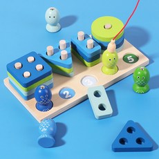 幼兒童木質CE多功能釣魚套組 柱狀配對認知CPC手眼協調益智玩具, 釣魚四套柱, 1個