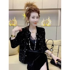 網紅2024設計感絲絨拼接亮片小香風氣質外套黑色短版輕奢上衣女9179 DHTN