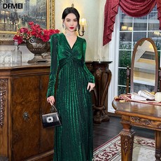 DFMEI 봄옷 여성 우아한 자태 꼬임 브이넥 셔링 하이웨스트 왕단 주름 펄 원피스 9742