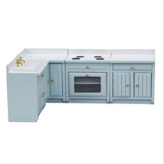 隨草憶境（3色款4件套廚櫃組合，可開門）料理台 水槽 流理台 娃娃屋 櫥櫃 微縮 廚房 食玩模型 1:12, 1個, 一組4款入（天藍色款，空廚櫃，4件套）