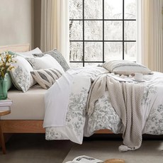 빈티지 100% 면 이불 커버 퀸 사이즈 3PC - 흰색에 우아한 페일 슬레이트 블루 플로럴 패턴 라이트 & 화이트 스트라이프 리버스 버튼 잠금 기능이 있는 고급스러운 침구, King (104"×90"), Floral - Creamy White & Dusty