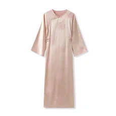 우아한 새 중국 스타일 실크 롱 드레스 하이 웨스트 a 라인 꽃 프린트 비대칭 헴 풀 슬리브 라운드 넥 여름, 01 분홍색, 02 남