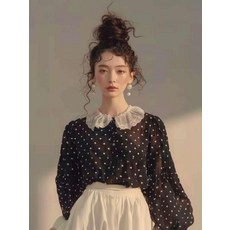 땡땡이블라우스 프릴카라블라우스 여성 레이스 카라 블라우스