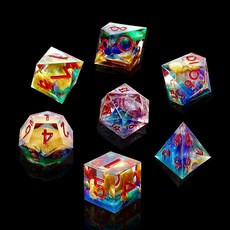 LDICEK DND 주사위 세트 샤프 엣지 7피스 다면체 숫자 금박 정교한 틴 박스 포장 던전 앤 드래곤 RPG 및 보드 게임에 이상적 (무지개), 별이 빛나는 하늘 레드