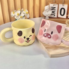 可愛豬豬陶瓷馬克杯 附蓋湯匙 閨蜜姐妹情人節生日禮物, 1個, 單杯隨機【小豬小狗兩個顏色】