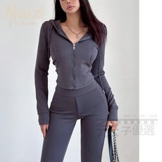 新竹出貨 美式休閒大學T套裝緊身短版連帽外套女 高腰微喇長褲春秋短版拉鍊大學T小外套運動大學T兩件套高腰落地庫拖地褲瑜伽